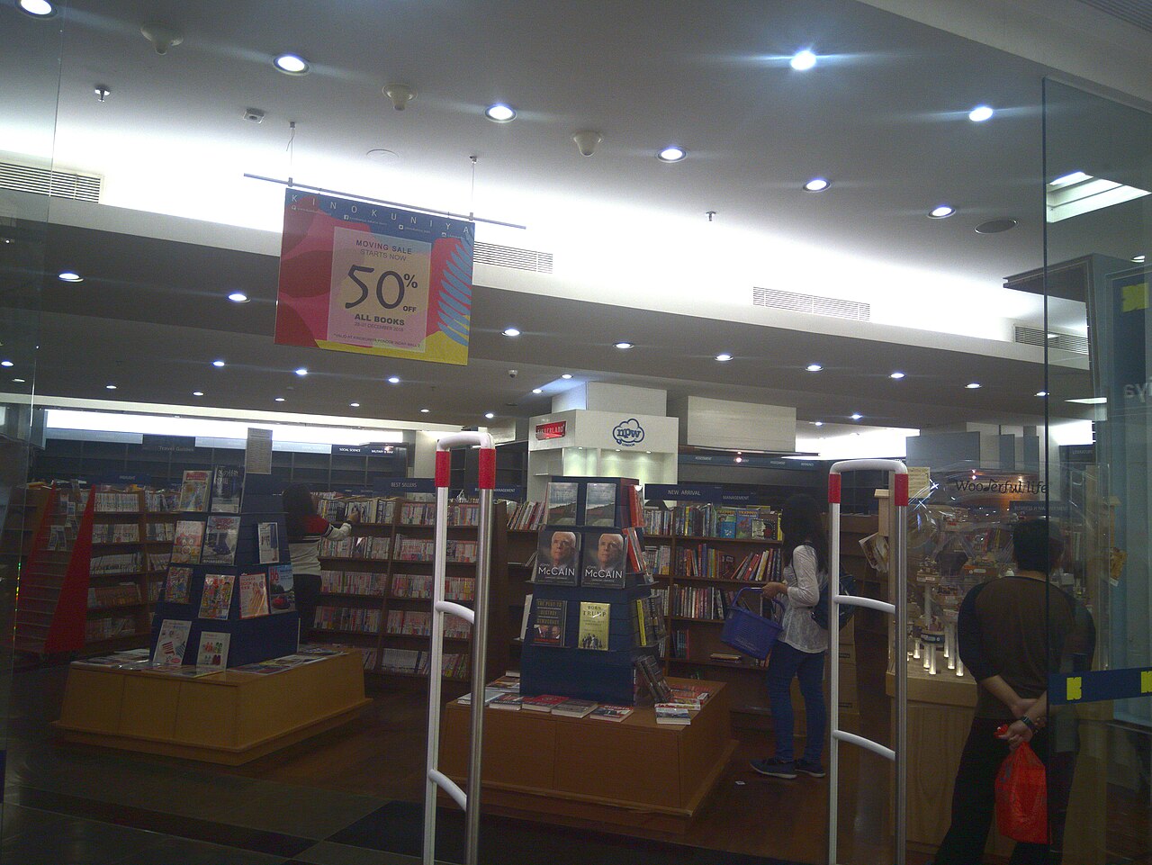 A 50 percent sale banner in a bookstore