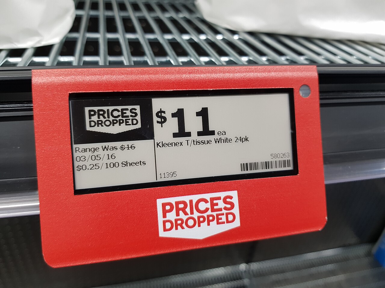 An electronic shelf label showing a reduced price in a supermarket