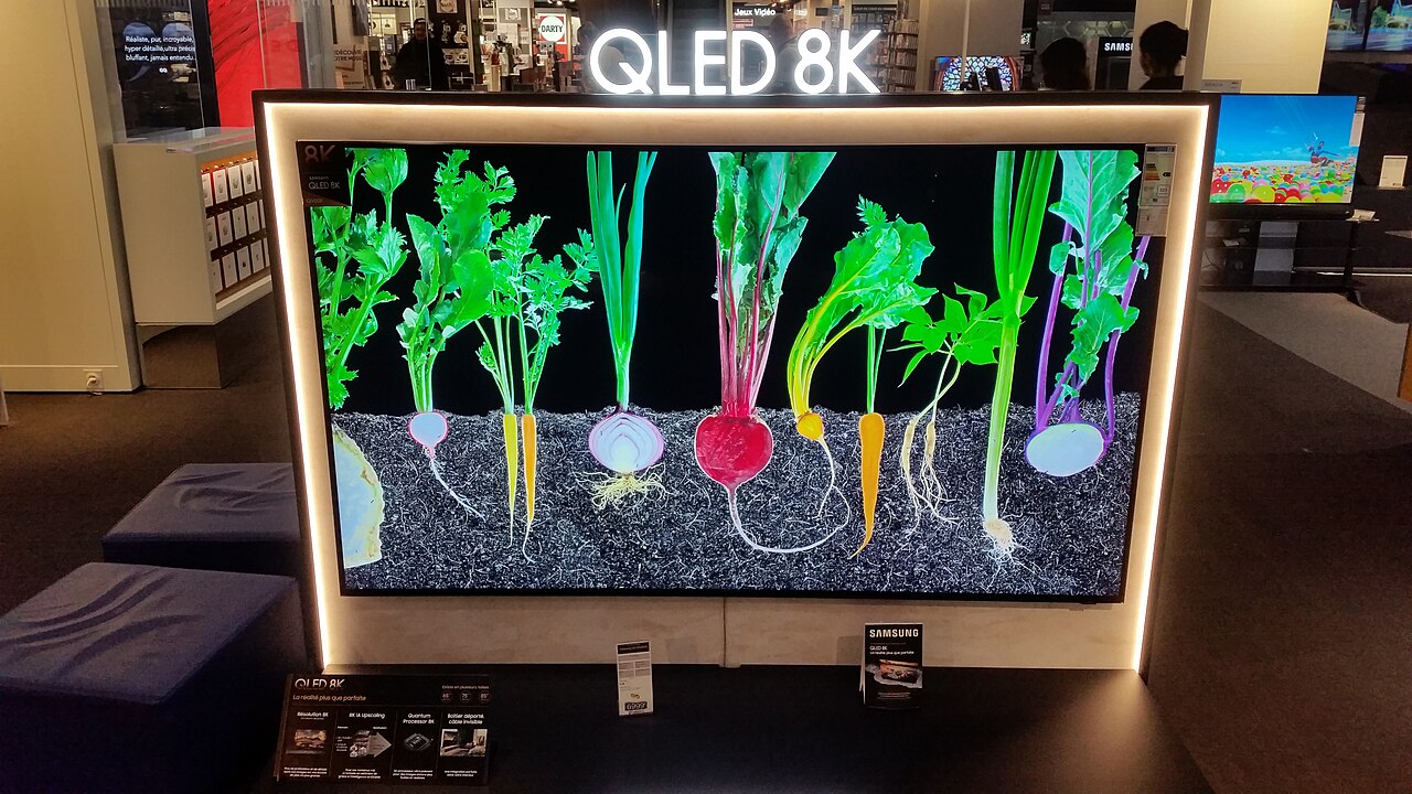 A Samsung QLED television on display in a store
